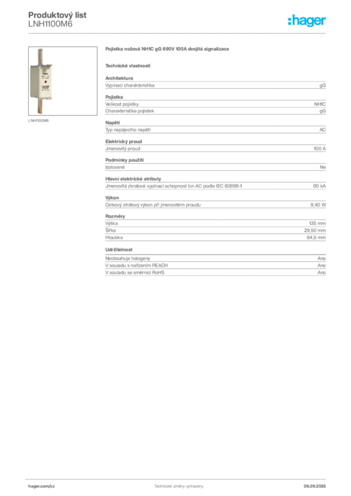 Obrázek Hager Produktový list LNH1100M6 | Hager