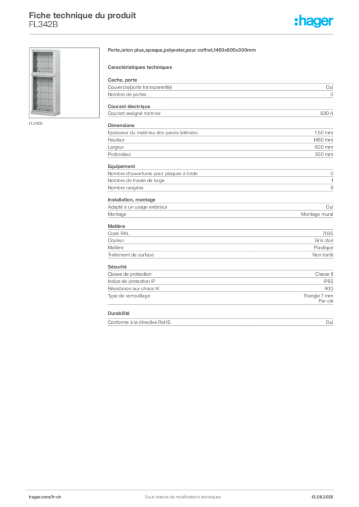 Image Hager Fiche technique du produit FL342B | Hager Suisse