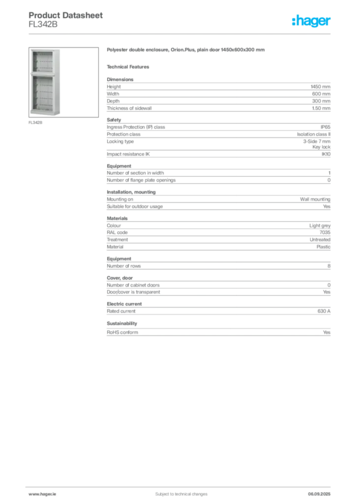 Image Hager Product data sheet FL342B  | Hager