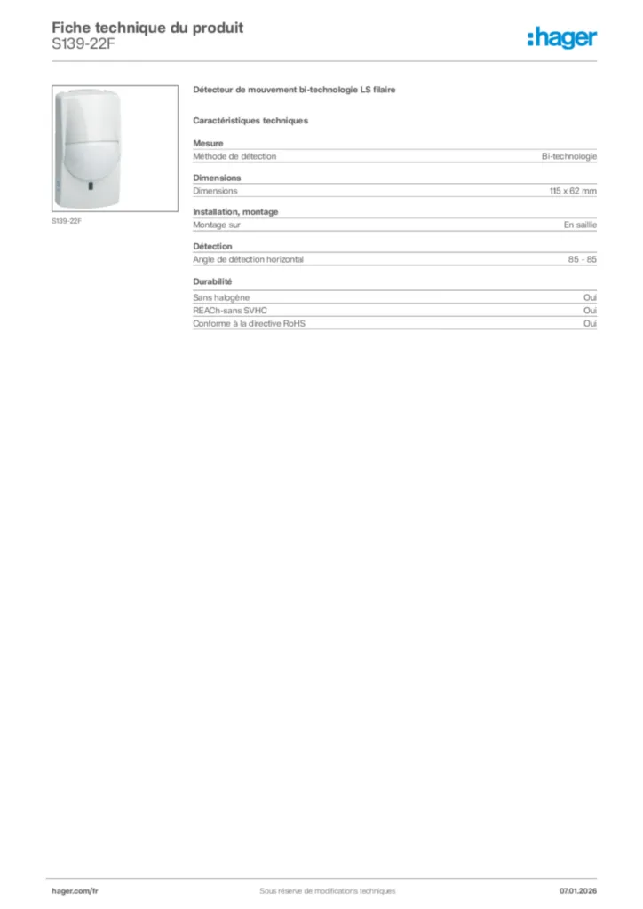 Image Hager Fiche technique du produit S139-22F | Hager France