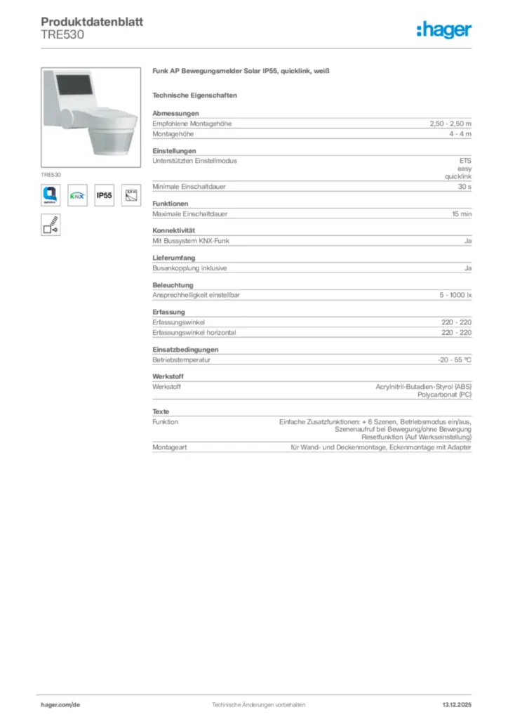 Bild Hager Produktdatenblatt TRE530 | Hager Deutschland