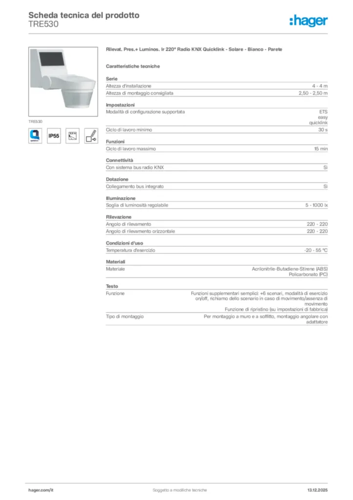 Immagine Hager Scheda tecnica del prodotto TRE530 | Hager Italia