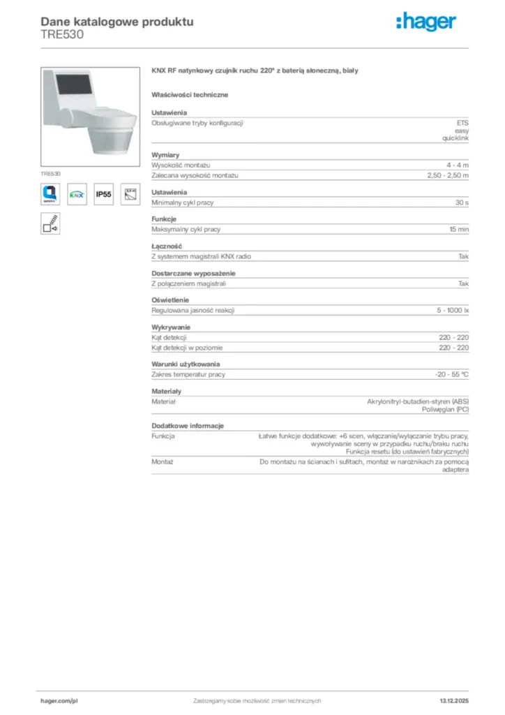 Zdjęcie Hager Karta katalogowa TRE530 | Hager Polska