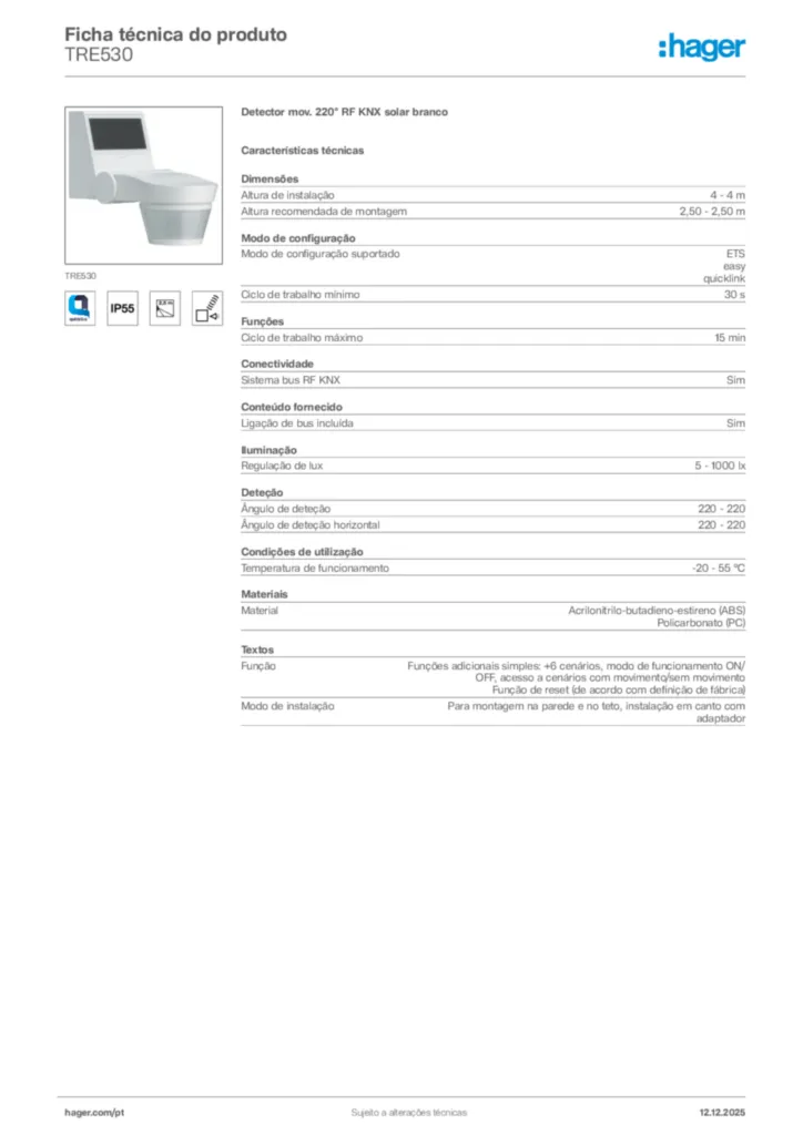 Imagem Hager Ficha técnica do produto TRE530 | Hager Portugal