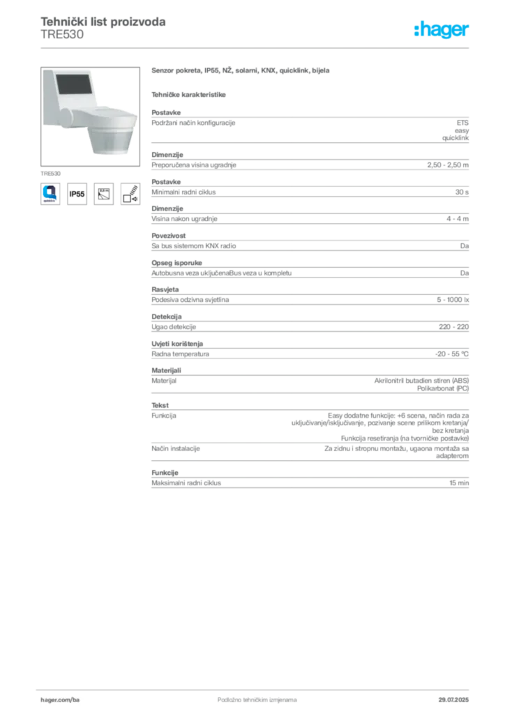 Slika Hager Product data sheet TRE530  | Hager