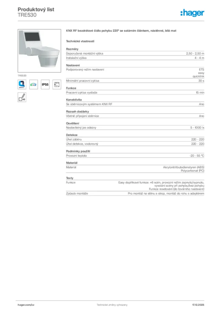 Obrázek Hager Produktový list TRE530 | Hager