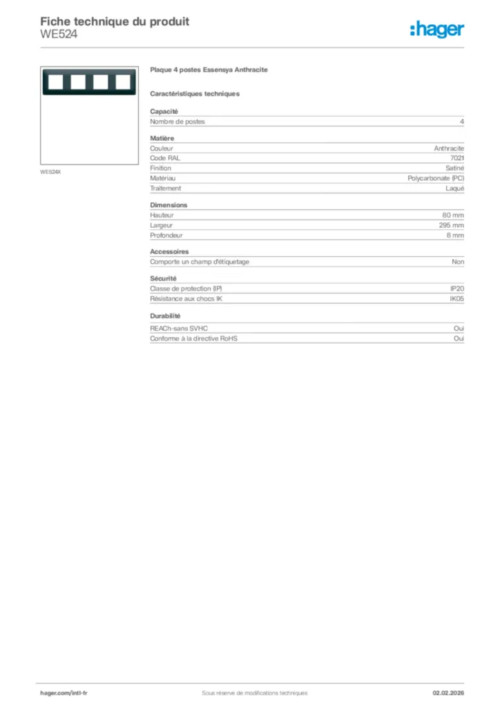 Image Hager Fiche technique du produit WE524 | Hager Afrique