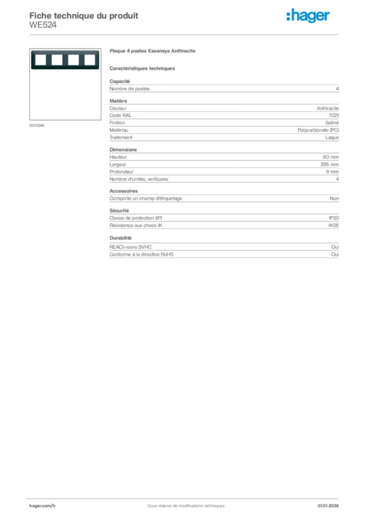 Image Hager Fiche technique du produit WE524 | Hager France