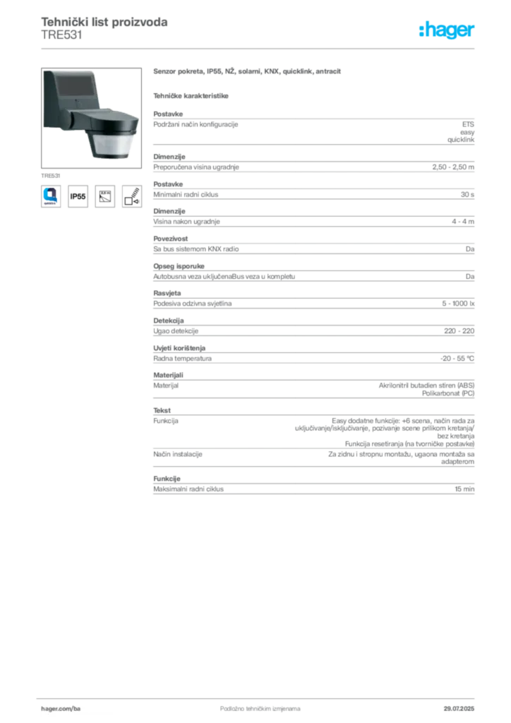 Slika Hager Product data sheet TRE531  | Hager