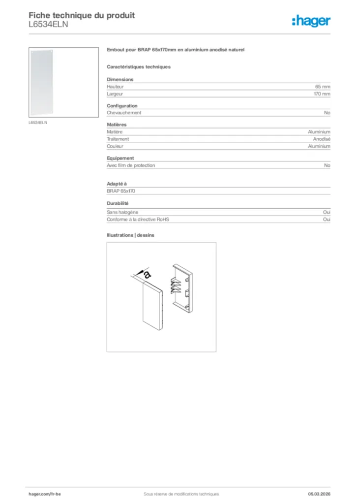 Image Hager Fiche technique du produit L6534ELN | Hager Belgique