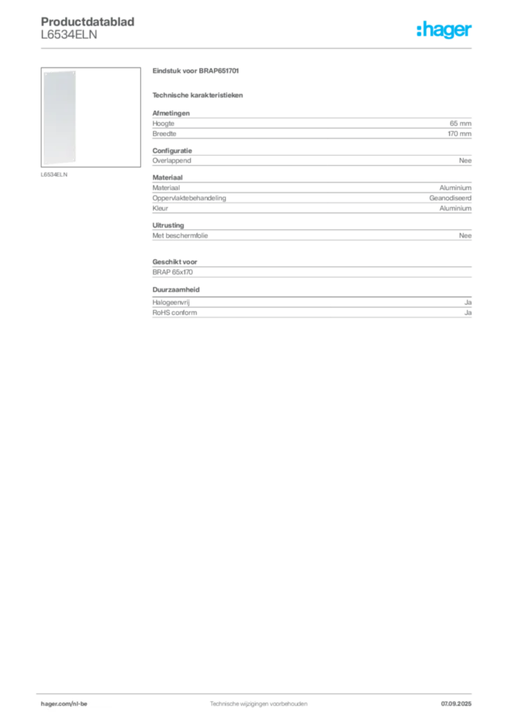 Afbeelding Hager Productdatablad L6534ELN | Hager Belgium