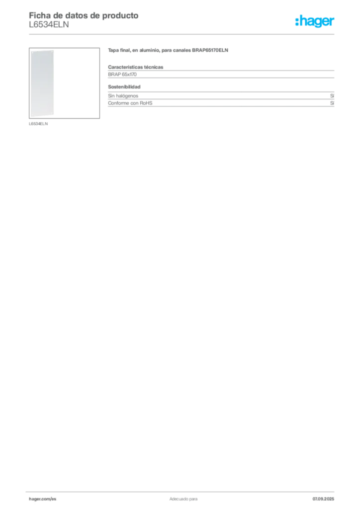 Imagen Hager Ficha de datos de producto L6534ELN | Hager España