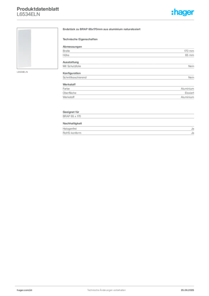 Bild Hager Produktdatenblatt L6534ELN | Hager Deutschland
