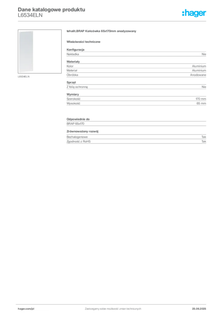 Zdjęcie Hager Karta katalogowa L6534ELN | Hager Polska
