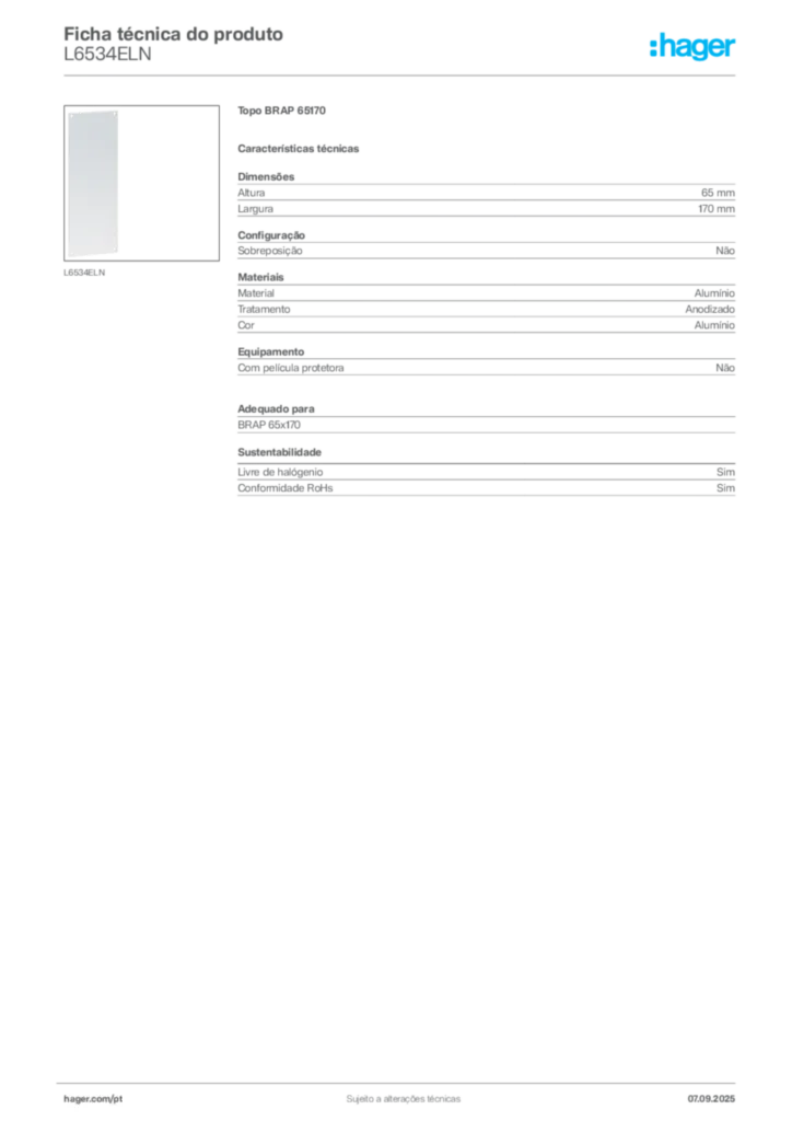 Imagem Hager Ficha técnica do produto L6534ELN | Hager Portugal