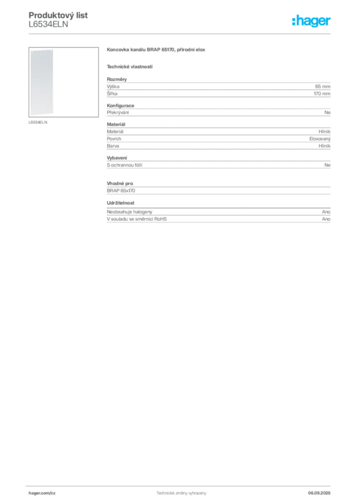 Obrázek Hager Produktový list L6534ELN | Hager