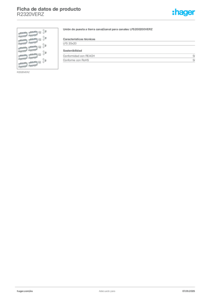 Imagen Hager Ficha de datos de producto R2320VERZ | Hager España