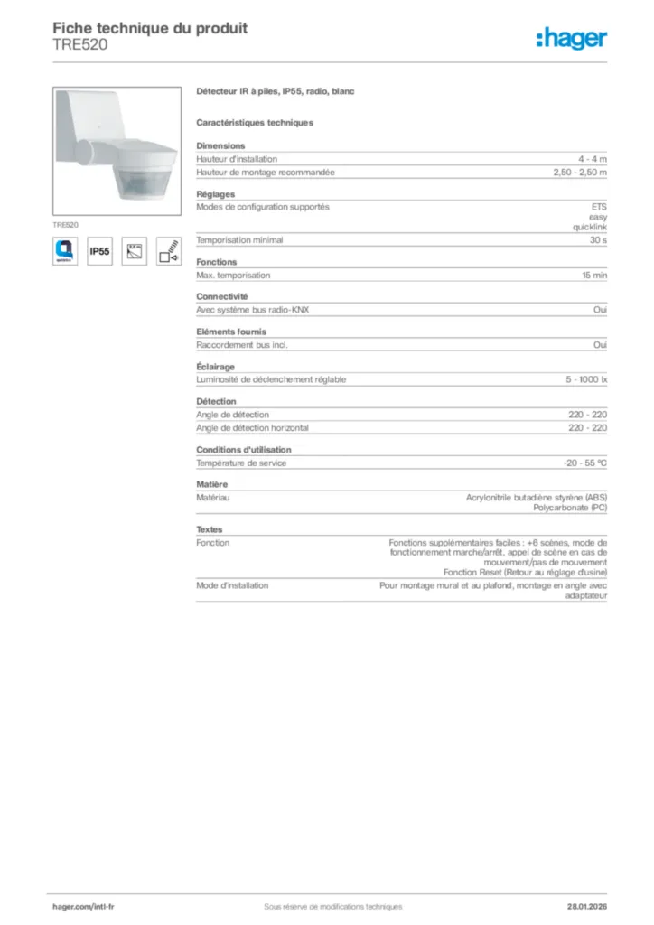 Image Hager Fiche technique du produit TRE520 | Hager Afrique