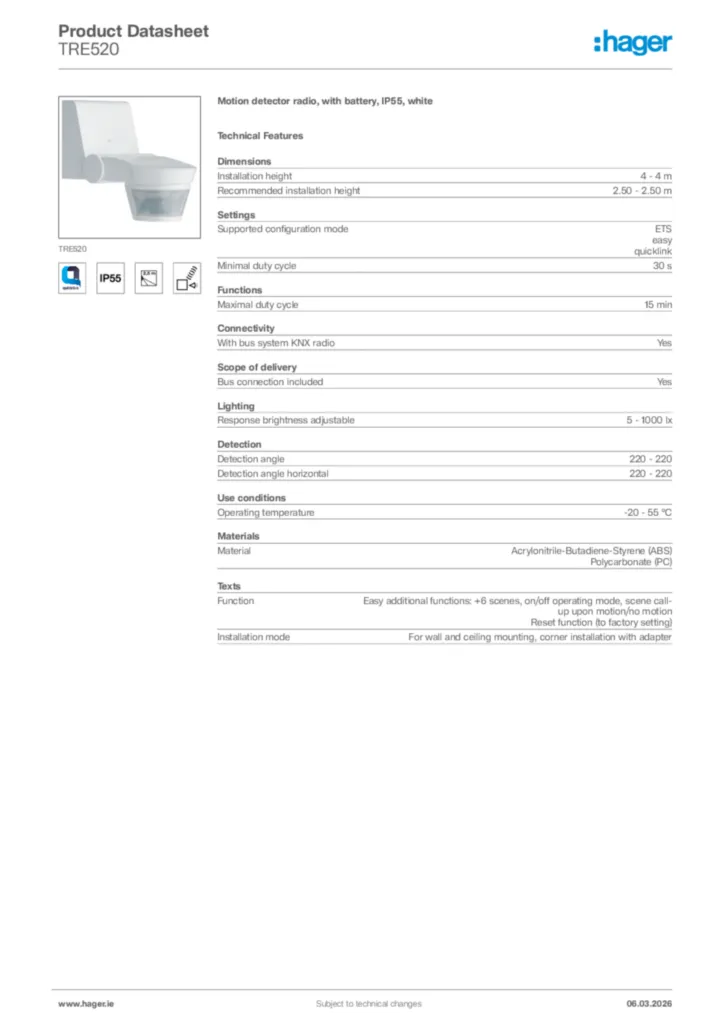 Image Hager Product data sheet TRE520  | Hager