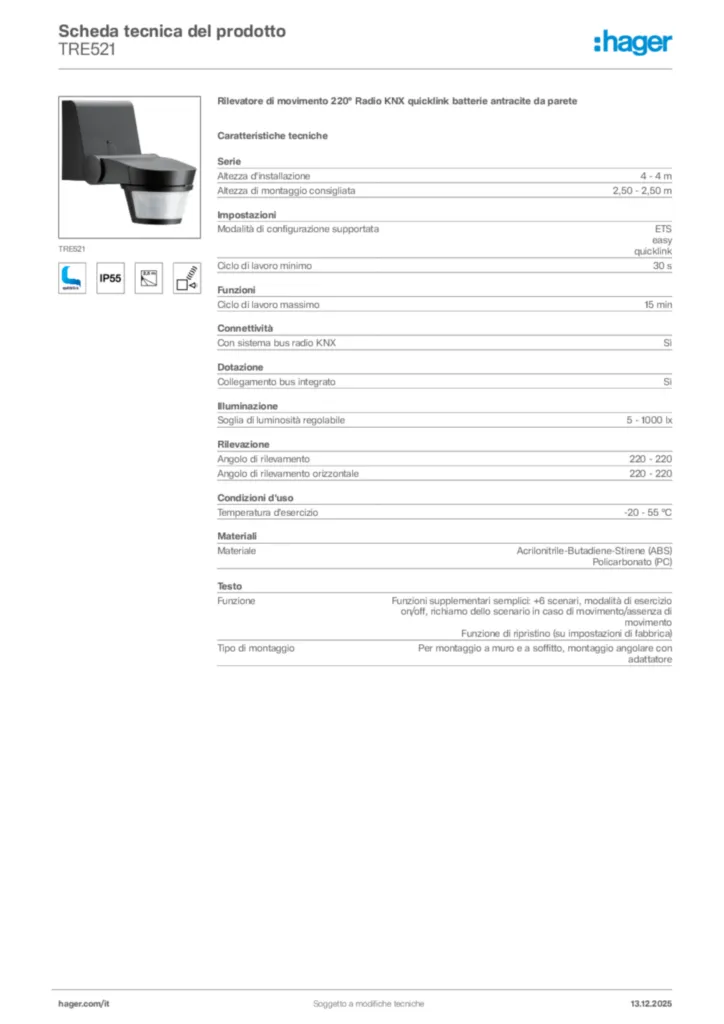 Immagine Hager Scheda tecnica del prodotto TRE521 | Hager Italia