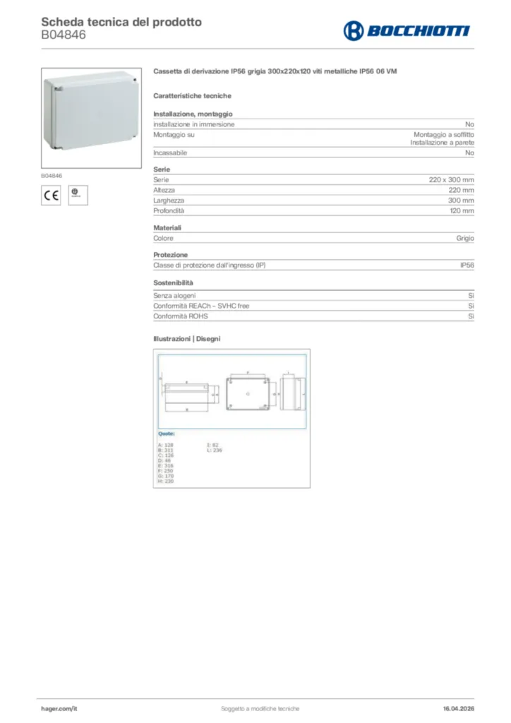 Immagine Bocchiotti Scheda tecnica del prodotto B04846 | Hager Italia