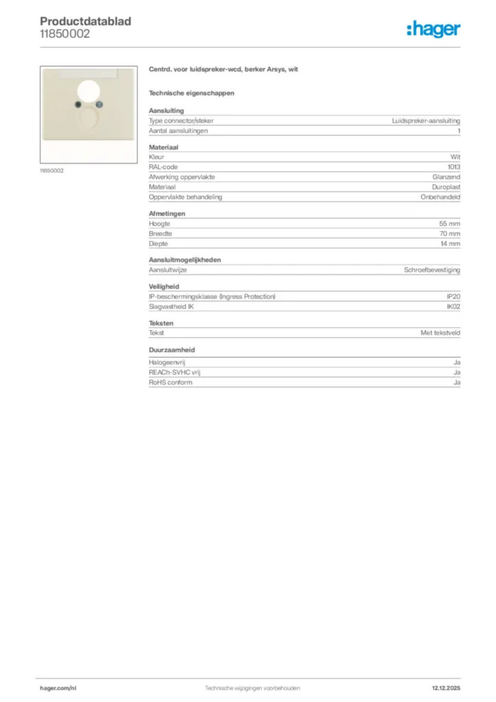 Afbeelding Hager Productdatablad 11850002 | Hager Nederland