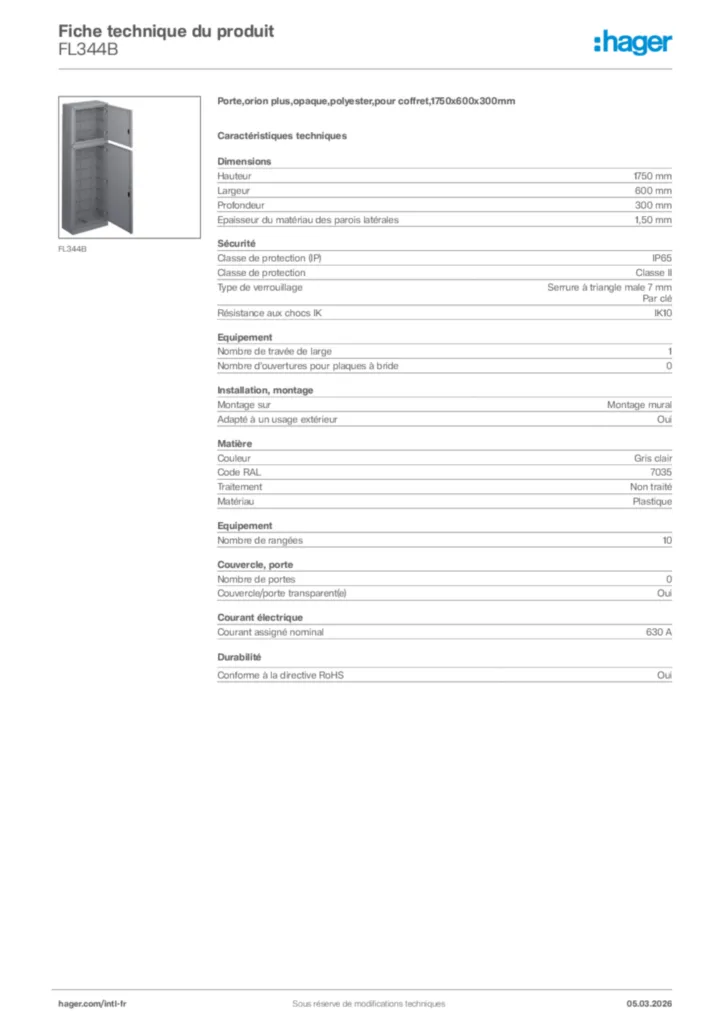 Image Hager Fiche technique du produit FL344B | Hager Afrique