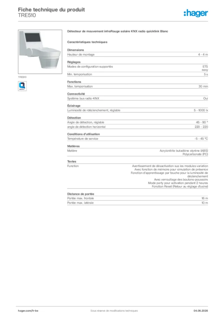 Image Hager Fiche technique du produit TRE510 | Hager Belgique