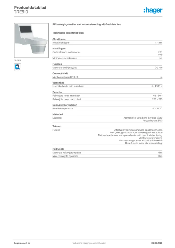 Afbeelding Hager Productdatablad TRE510 | Hager Belgium