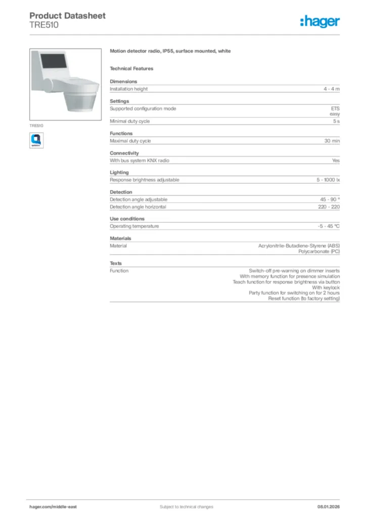 Image Hager Product data sheet TRE510  | Hager