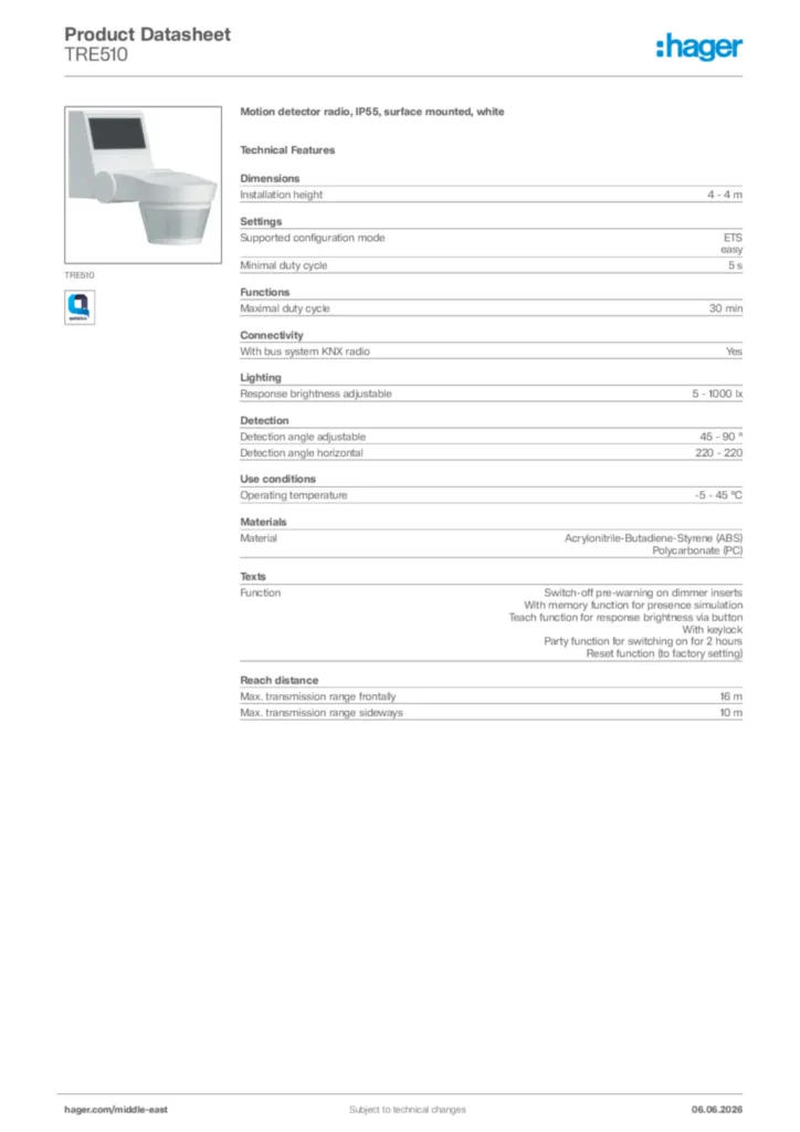 Image Hager Product data sheet TRE510  | Hager