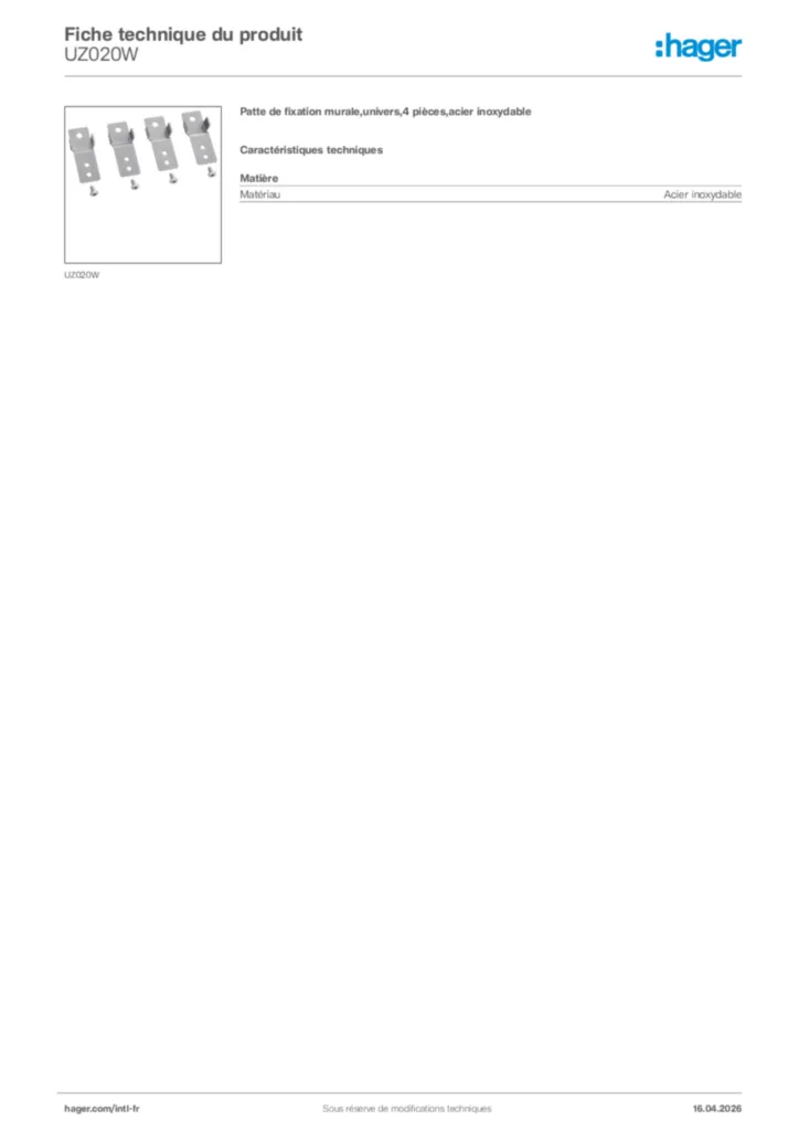 Image Hager Fiche technique du produit UZ020W | Hager Afrique