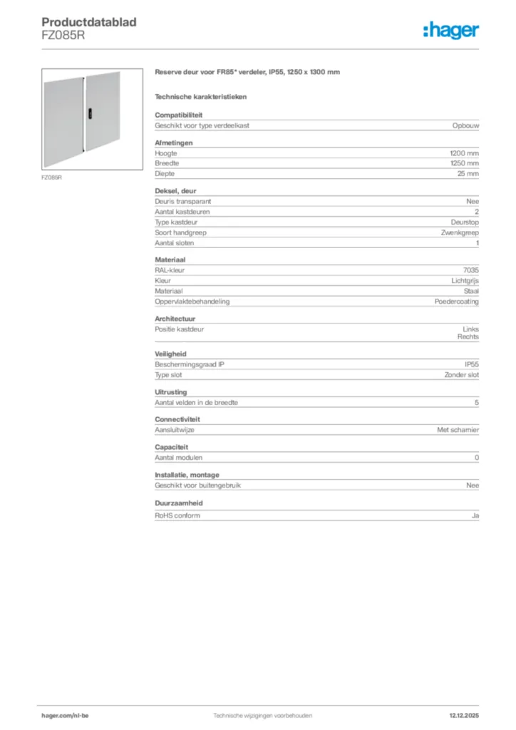 Afbeelding Hager Productdatablad FZ085R | Hager Belgium
