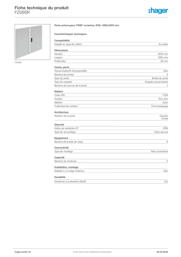Image Hager Fiche technique du produit FZ085R | Hager Suisse