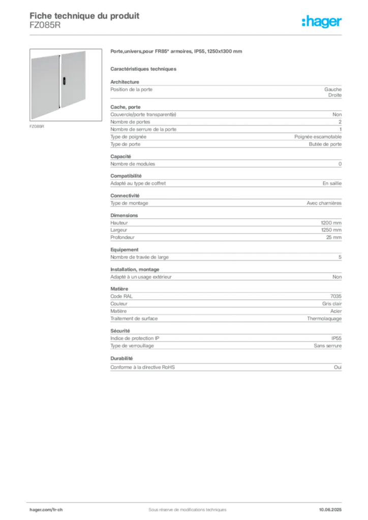 Image Hager Fiche technique du produit FZ085R | Hager Suisse