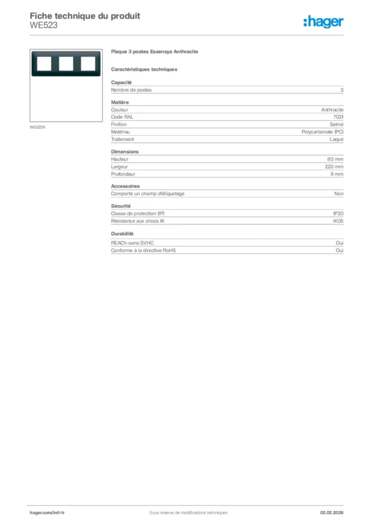 Image Hager Fiche technique du produit WE523 | Hager Afrique
