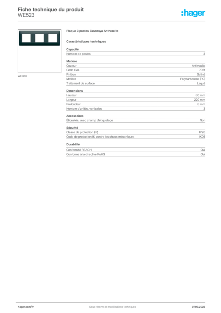 Image Hager Fiche technique du produit WE523 | Hager France