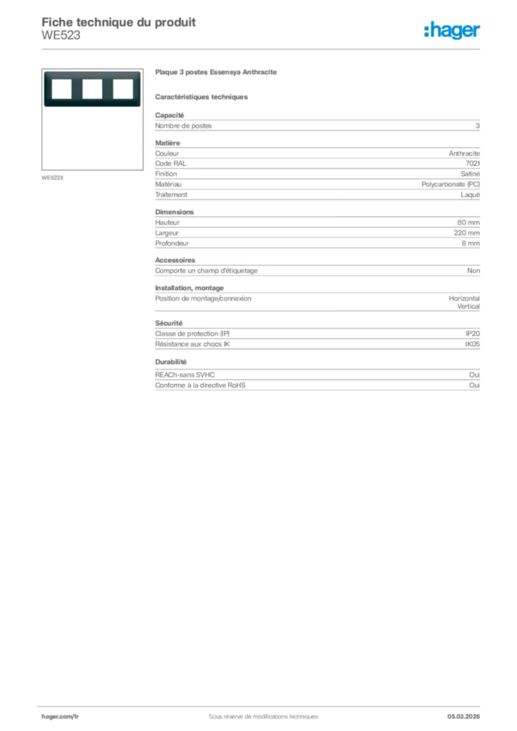 Image Hager Fiche technique du produit WE523 | Hager France