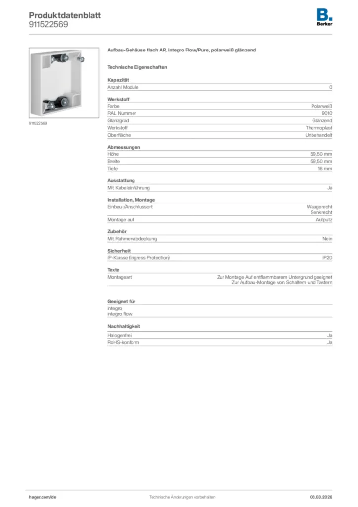 Bild Berker Produktdatenblatt 911522569 | Hager Deutschland