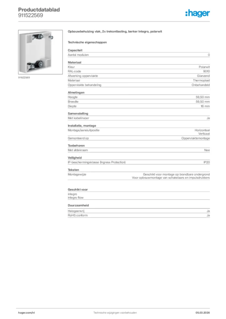 Afbeelding Hager Productdatablad 911522569 | Hager Nederland