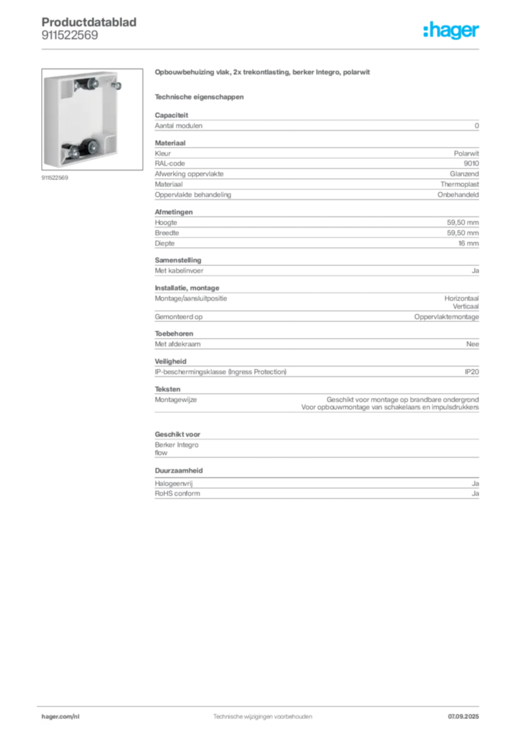 Afbeelding Hager Productdatablad 911522569 | Hager Nederland
