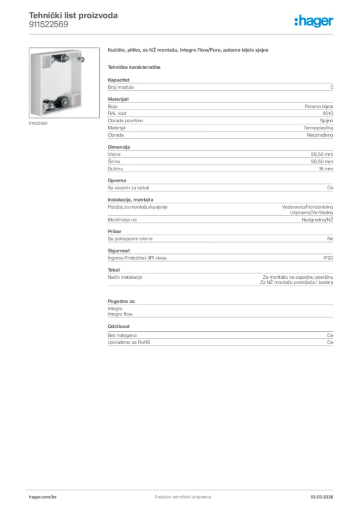 Slika Hager Tehnički list proizvoda 911522569  | Hager