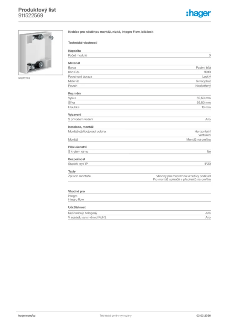 Obrázek Hager Product data sheet 911522569 | Hager