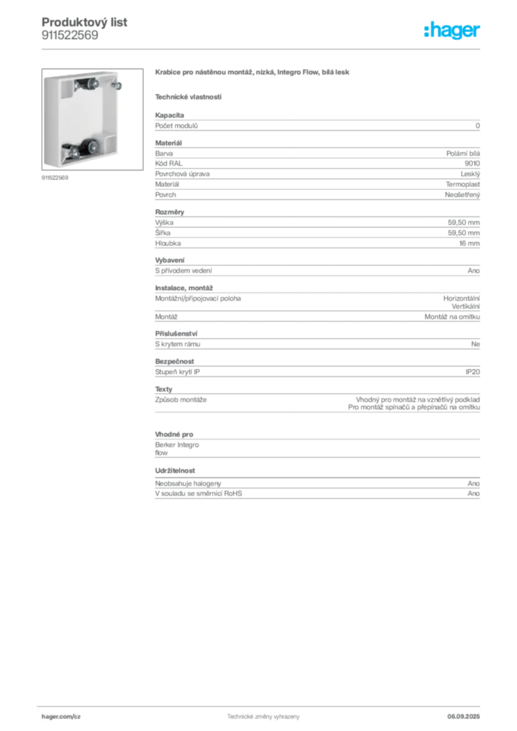 Obrázek Hager Produktový list 911522569 | Hager