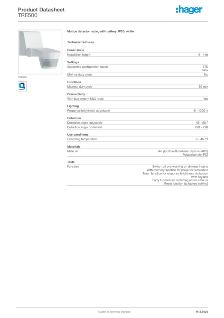 Image Hager Product data sheet TRE500  | Hager