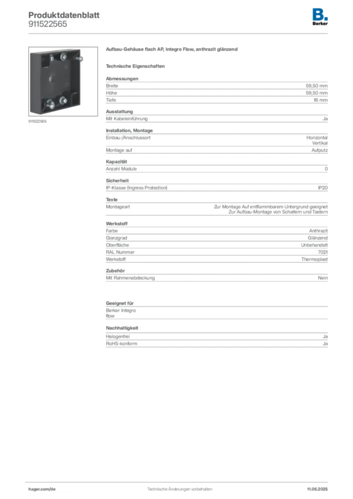 Bild Berker Produktdatenblatt 911522565 | Hager Deutschland