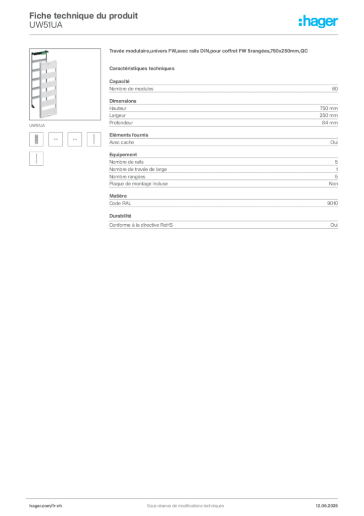 Image Hager Fiche technique du produit UW51UA | Hager Suisse