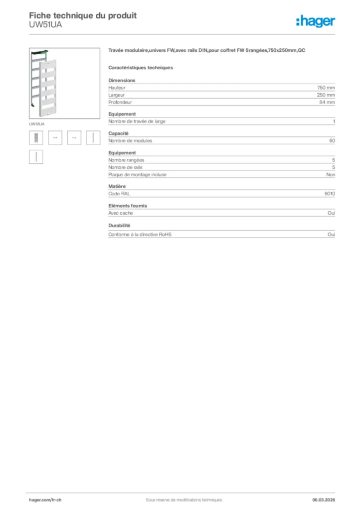 Image Hager Fiche technique du produit UW51UA | Hager Suisse