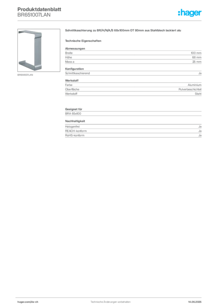 Bild Hager Produktdatenblatt BR651007LAN | Hager Schweiz