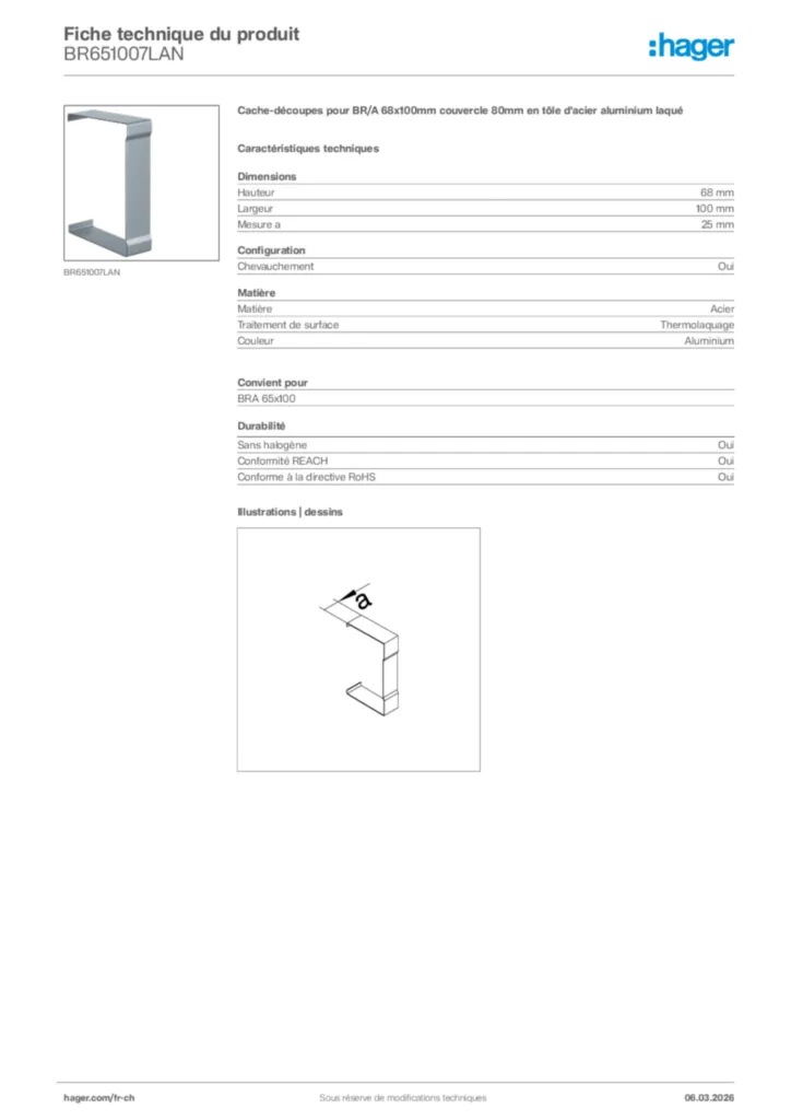 Image Hager Fiche technique du produit BR651007LAN | Hager Suisse
